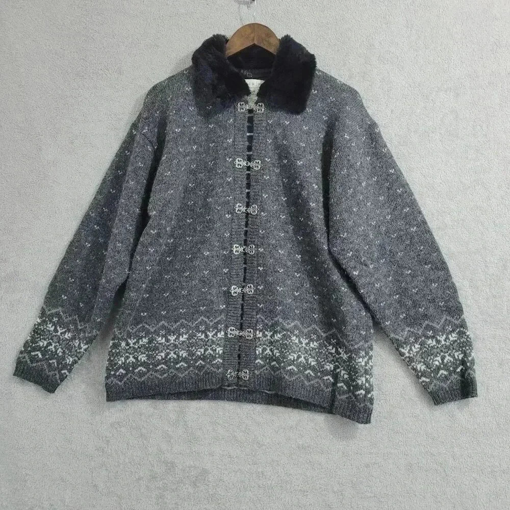 Vintage Mac & Jac Womens Wool Cardigan Jacket With Fur Collar  L
